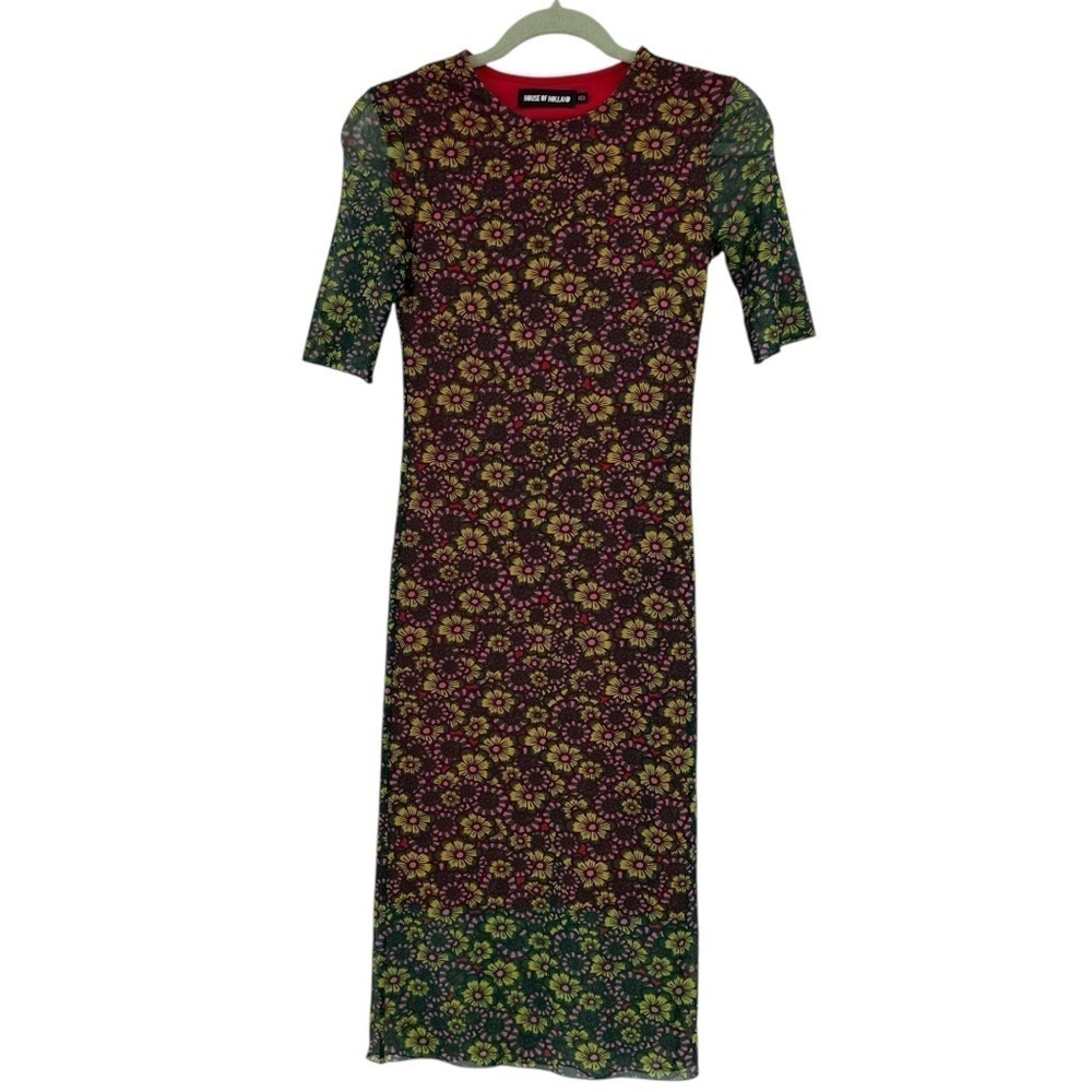 House of Holland Mesh Overlay Floral Graphic Print Midi Dress Size 2‎